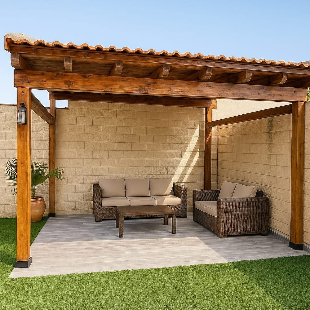 Porche con pérgola de madera